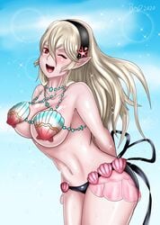 1girls ;d alternate_costume arms_behind_back ass bare_shoulders bikini blonde_hair blush bmd18plus bmdraws collarbone corrin_(fire_emblem) corrin_(fire_emblem)_(female) corrin_(summer)_(fire_emblem)_(female) fire_emblem fire_emblem_cipher fire_emblem_fates large_breasts light_blush long_hair nintendo one_eye_closed open_mouth open_smile pointy_ears pose red_eyes shell_bikini smile solo solo_female sparkle sparkles swimsuit wet wink