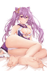 absurdres areolae ass bangs bare_shoulders barefoot bed_sheet blank_eyes breasts breasts_out brown_legwear cleavage commentary_request detached_sleeves earrings feet female genshin_impact gloves hair_cones hair_ornament highres icons_(1452697582) jewelry keqing_(genshin_impact) legs long_hair medium_breasts nipples panties purple_eyes purple_gloves purple_hair simple_background skirt soles solo standing thighs toes twintails underwear very_long_hair white_background white_panties