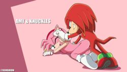 1boy 1girls amy_rose anal anal_sex green_eyes hand_on_head knuckles_the_echidna pink_fur red_fur senshion socks sonic_(series) sonic_channel sonic_the_hedgehog_(series) sonic_x