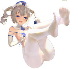 bad_id bangs barbara_(genshin_impact) blonde_hair blue_eyes blush breasts detached_collar elbow_gloves feet female fuenyuan genshin_impact gloves hat highres leaning_back legs long_hair looking_at_viewer nipple_slip nipples no_shoes nun open_mouth pantyhose smile solo thighband_pantyhose twintails white_gloves white_headwear white_legwear