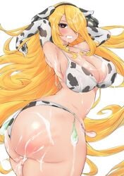 2021 after_sex after_vaginal armpits arms_up ass barely_visible_genitalia barely_visible_pussy big_breasts bikini blonde_hair blush cleavage condom cow_print cow_print_armwear cow_print_bikini cropped_legs cum cum_all_over cum_in_pussy cum_inside cum_on_armpit cum_on_ass cum_on_body cum_on_face curvy cynthia_(pokemon) female female_only filled_condom grin heart-shaped_pupils kikikitama large_ass long_hair looking_at_viewer mature_female pokemon pose pussy simple_background solo solo_female very_long_hair voluptuous wedgie white_background