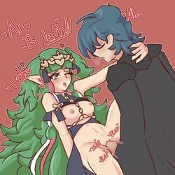 1boy 1girls bbdouble blue_hair byleth_(fire_emblem) byleth_(fire_emblem)_(male) english_text fire_emblem fire_emblem:_three_houses green_eyes green_hair long_hair moaning nintendo sex small_breasts sothis_(fire_emblem) text twin_braids vaginal_penetration