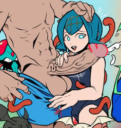 1boy 1boy1girl 1girls blue_eyes blue_hair clothed_female_nude_male handjob huge_cock lana_(pokemon) mob_face newworld9 nintendo one-piece_swimsuit penis pokemon pokemon_sm school_swimsuit swimsuit tentacruel trial_captain