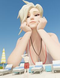 1girls 3d angela_ziegler blizzard_entertainment bottopbot2 cleavage giantess lifeguard_mercy lowres mercy overwatch