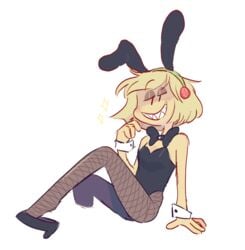 1girls blonde_hair bowtie bunny_ears bunnysuit clothing color colored female female_only fishnets humanized inanimate_insanity kint kinto-bean looking_at_viewer object_shows seductive seductive_look sharp_teeth sitting small_breasts smile solo taco_(ii) white_background