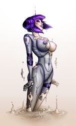 1girls 2005 cyborg female female_only ghost_in_the_shell kusanagi_motoko large_breasts liquid nude pinup purple_hair reniedraws short_hair solo standing wet white_background