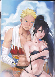 1boy 1girls abs alternate_hairstyle amputee arm_under_breasts bandaged_arm bandages bare_shoulders beach between_legs bikini black_eyes blush boruto:_naruto_next_generations breasts clenched_teeth curvaceous endured_face genderswap_(mtf) hand_on_shoulder heterochromia holding_object humping kzmrn lipstick long_hair makeup medium_breasts missing_arm naruto naruto_(series) nervous outdoors rinnegan rule_63 sasuke_uchiha sasuko short_hair shorts sitting smile spread_legs sunscreen sweat swimsuit teasing towel towel_around_neck untied_bikini uzumaki_naruto very_long_hair wide_hips