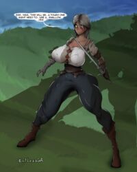 1futa big_breasts breasts bulge cd_projekt_red ciri cleavage clothed clothing dark-skinned_futanari dark_skin entlessga erection erection_under_clothes fully_clothed futa_only futa_sans_balls futanari huge_breasts huge_cock human jeans muscles nipple_bulge outdoors outside penis skin_tight standing sweat the_witcher_(series) the_witcher_3:_wild_hunt topwear