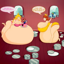 2012 2girls ass belly belly_bigger_than_body belly_overhang big_ass big_belly big_breasts big_butt blonde_hair blue_eyes bra breasts brown_hair cake comic_bubble commission commission_art duo empty_plates fat ggj2 gold_crown huge_ass huge_belly huge_breasts huge_butt hyper hyper_belly immobile large_belly mario_(series) morbidly_obese morbidly_obese_female multiple_females multiple_girls nintendo obese obese_female overweight overweight_female panties pink_bra pink_panties plate plates princess_daisy princess_peach stack_of_plates super_mario_bros. voluptuous weight_gain yellow_bra yellow_panties