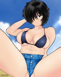 beach big_breasts bikini dark_skin green_eyes jean_shorts jeans josuedu large_breasts mysterious_girlfriend_x nazo_no_kanojo_x pale_skin short_hair side_view sideboob tan tanline urabe_mikoto