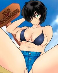 beach big_breasts bikini dark_skin green_eyes jean_shorts jeans josuedu large_breasts mysterious_girlfriend_x nazo_no_kanojo_x pale_skin short_hair side_view sideboob tan tanline urabe_mikoto