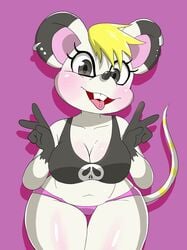 animal_crossing bella_(animal_crossing) big_breasts ear_piercing female freckles mouse nintendo nojimmyplz peace_sign thick_thighs tongue_out tongue_piercing video_games wide_hips