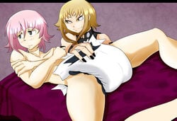 abdl androgynous black_eyes blonde_hair blush crona_(soul_eater) diaper diaper_change feminine_male humiliation incest medusa_gorgon mother_and_son nervous pink_hair skinny soul_eater white_skin