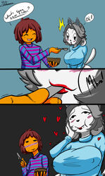 1girls anthro black_eyes blush breast brown_hair comic drooling english_text female female_focus female_only frisk furry gray_hair grey_hair heart heart_eyes jyto large_breasts lips nipple_bulge orgasm orgasm_face sequence shocked temmie temmie_(undertale) text undertale white_fur