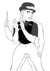 bondage cop forced from_behind handcuffs hat iron-dullahan knife line_art monochrome no_pants penis police police_uniform policewoman pussy rape shocked shocked_expression testicles wide_hips