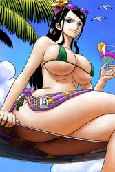 1girls 2021 aqua_eyes bikini black_hair drinking_glass eyewear_on_head female female_only hammock iury_padilha large_breasts micro_bikini nico_robin one_piece palm_tree sarong smile sunglasses_on_head viewed_from_below voluptuous