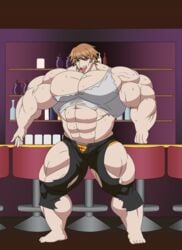 1boy barefoot big_abs big_pecs danganronpa depraveddefense extreme_muscles fujisaki_chihiro gold_underwear large_muscles male male_only masculine muscle_growth muscular_male sequence_parts smooth_skin sweaty_body torn_pants torn_tank_top white_tank_top