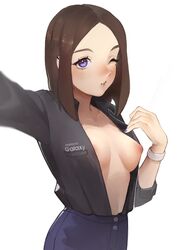 1girls breasts brown_hair exposed_breasts female female_focus obychny samsung samsung_sam short_hair small_breasts tagme thin_waist wink