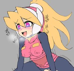 1girls blonde_hair blush ciel_(mega_man) female heart-shaped_pupils heavy_breathing implied_sex mega_man mega_man_zero riding semikichi simple_background tagme