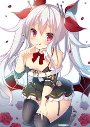 1girls :q azur_lane bangs bare_shoulders bat_wings black_bra black_dress black_legwear blush bow bowtie bra breasts closed_mouth collar collarbone commentary_request detached_collar dress eyebrows_visible_through_hair female flower frilled_dress frills front-tie_top garter_straps hair_between_eyes hair_ribbon headgear heart high_heels index_finger_raised light-skinned_female light_skin royal_navy_(azur_lane) vampire_(azur_lane)