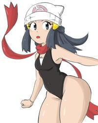 1girls blue_eyes blue_hair curvy_figure dawn_(pokemon) female hat leotard nintendo pokemon pokemon_dppt protoscene scarf solo standing thick_thighs white_background wide_hips