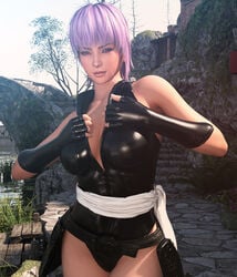 1girls 3d 3d_(artwork) asian asian_female ayane_(doa) big_breasts clothed clothed_female clothes clothing dead_or_alive female female_only fully_clothed jaxxxer nipples outdoors outside purple_hair red_eyes solo