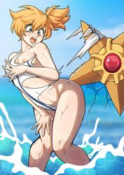 1girls adapted_costume asymmetrical_hair bare_legs blush breasts covering covering_breasts covering_crotch covering_self embarrassed embarrassed_nude_female enf female gen_1_pokemon green_eyes gym_leader high_resolution kasumi_(pokemon) kinkymation medium_breasts misty_(pokemon) nintendo nipples one-piece_swimsuit one_eye_closed orange_hair pokemon pokemon_(game) pokemon_rgby pokemon_species ponytail short_hair side_ponytail spread_legs standing staryu swimsuit thighs tied_hair torn_clothes wardrobe_malfunction white_swimsuit wide_hips