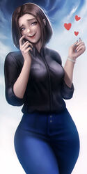 1girls artist_name black_shirt blue_eyes blue_pants blush brown_hair clothed clothes clothing clouds collared_shirt cowboy_shot curvy eyebrows female female_focus female_only finger_on_face hands_up kaysuo lips long_sleeves medium_breasts medium_hair nail_polish open_mouth pants raised_eyebrows realistic samsung samsung_sam simple_background sky smile smiling solo solo_female solo_focus teeth tongue watch wide_hips