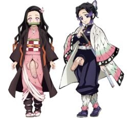 1puuuuuu balls butterfly_hair_ornament demon_slayer dickgirl edit foreskin futanari glans haori kamado_nezuko katana kimetsu_no_yaiba kimono kochou_shinobu long_fingernails obi partially_retracted_foreskin penis penis_out penis_through_fly sword tagme uncircumcised uncut unretracted_foreskin weapon