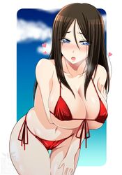 artist_request big_breasts bikini blue_eyes blush brown_hair girls_und_panzer long_hair looking_at_viewer micro_bikini nonna open_mouth red_bikini visible_breath watermark