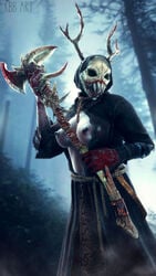 1girls 3d antlers areolae axe bare_breasts bare_chest big_breasts blood blood_on_hand breasts breasts_exposed breasts_out cleavage dead_by_daylight female female_only fog forest glove holding_weapon hood huntress huntress_(dead_by_daylight) kingbigballs monster monster_girl mordeo nipples outside partially_clothed rope sharp_teeth solo solo_female teeth the_huntress_(dead_by_daylight) watermark weapon