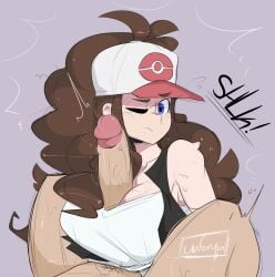 1boy 1girls big_breasts big_penis blue_eyes breasts brown_hair clothed_female_nude_male clothed_paizuri game_freak hat hilda_(pokemon) large_breasts light_skin long_hair male/female nintendo one_eye_closed paizuri paizuri_under_clothes penis pokemon pokemon_(game) pokemon_bw ponytail pubic_hair redraw uuforya