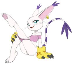 1girls blue_eyes digimon digimon_(species) earrings edit feline gatomon gloves leg_lift pussy removing_underwear tagme tail w4g4