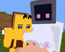 1boy 2girls animated animated_gif bee bee_(minecraft) blowjob breasts dizastartist fellatio furry gif handjob mine-imator minecraft stroking sucking tv tv_head