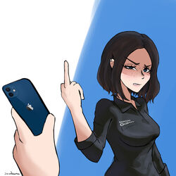 apple_inc. black_hair insulting_viewer iphone middle_finger samsung samsung_galaxy samsung_sam