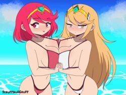 2girls animated beach big_breasts bikini breast_press breast_squish breasts cameltoe cleavage cute day female female_only huge_breasts large_breasts looking_at_viewer mythra nintendo pyra scruffmuhgruff sky symmetrical_docking xenoblade_(series) xenoblade_chronicles_2