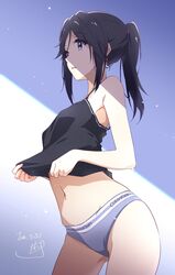 1girls artist_request belly belly_button black_hair blue_eyes calvin_klein clothed clothing female female_focus female_only fit fit_female hibike!_euphonium kasaki_nozomi looking_away nii_manabu panties ponytail small_breasts solo solo_female solo_focus sports_bra sportswear underwear undressing