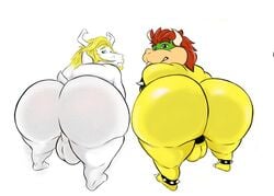 anthro asgore_dreemurr balls bara big_ass blonde_hair bowser bubble_butt collar fur green_eyes gypsy_king_(artist) horns looking_at_viewer male_only mammal mario_(series) mature_male nintendo nude red_eyes red_hair scalie simple_background tail undertale video_games white_fur yellow_body