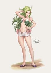 1girls arm_band armpit blush clothed dandon_fuga female fire_emblem fire_emblem_awakening flats footwear green_hair manakete nintendo nowi_(fire_emblem) perky_breasts petite pointy_ears posing purple_eyes shoes showing_off simple_background slim solo solo_female swimsuit swimwear white_background