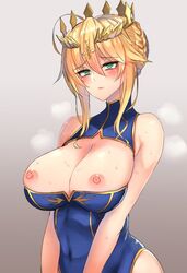 aqua_eyes artoria_pendragon artoria_pendragon_(lancer) blonde_hair blue_leotard blush braid breast_squeeze breasts breasts_out center_opening cleavage_cutout closed_mouth clothing_cutout covered_navel crown dress eyebrows_visible_through_hair fate/grand_order fate_(series) female gradient gradient_background grey_background hair_between_eyes large_breasts leotard lips medium_hair mikafen nipples sidelocks simple_background sleeveless sleeveless_dress solo steaming_body sweat tareme upper_body