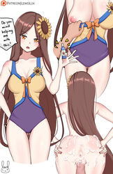 anus areolae ass bar_censor big_ass breasts brown_hair censored cum cum_in_ass cum_in_pussy cum_inside flower flower_in_hair from_behind hair_ornament large_breasts league_of_legends leona_(league_of_legends) lewdlux long_hair nipples orange_eyes pool_party_leona pool_party_series pussy sex swimsuit thigh_gap vaginal_penetration very_long_hair