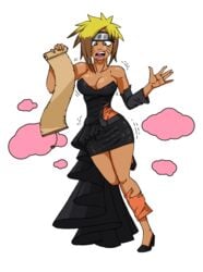 1girls big_breasts bimbo bimbofication blonde_hair blue_eyes breast_expansion canon_genderswap cocktail_dress female female_only high_heels naruko naruto rule_63 solo sutibaru tan transformation uzumaki_naruto whisker_markings