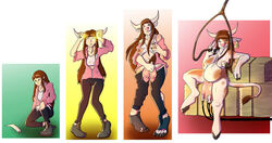 1girls 2d biobasher bloated_belly brown_hair clothing comic cow_girl female furry lactation large_breasts milking_machine monster_girl nipples original_character personality_change species_transformation thick_thighs transformation transformation_sequence udders wide_hips