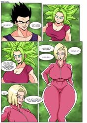 2girls android_18 bermuda_art blonde_hair blue_eyes cameltoe cleavage comic curvy dialogue doujinshi dragon_ball dragon_ball_super english_text erect_nipples female green_hair huge_areolae huge_ass huge_breasts kefla legendary_super_saiyan long_hair multiple_girls puffy_nipples short_hair son_gohan speech_bubble super_saiyan_2 text thick_lips thick_thighs tight_clothing tournament_of_power voluptuous wide_hips