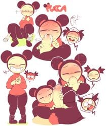 1boy 1girls anthro asian bean_smile blush cum_in_mouth double_bun elchilenito fellatio garu oral pucca pucca_(franchise) smile sucking tagme teeth