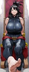 bare_shoulders barefoot belt big_breasts black_hair chair feet fully_clothed gloves mature_female milf mole muscular muscular_female my_hero_academia nana_shimura presenting_feet sitting skin_tight smiling superheroine thick_thighs yoshi55level