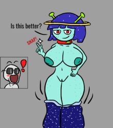 2021 alien alien_girl big_breasts breasts cloak corndogjoe curvy fanart joe_(corndogjoe) nipples pussy self_insert short_hair smirk snapping_fingers surprised undressing voluptuous xyan_(xt_ecchi)