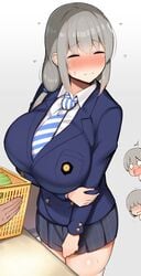 big_breasts blush closed_eyes embarrassed huge_breasts jakko mature_female milf miniskirt school_uniform schoolgirl silver_hair skirt_tug sweatdrop undersized_clothes uzaki-chan_wa_asobitai! uzaki_hana uzaki_tsuki uzaki_yanagi