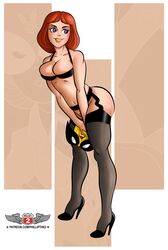 birdgirl_(character) birdman_(series) blue_eyes bra fishnet_stockings fishnets garter_belt harvey_birdman_attorney_at_law high_heels judy_ken_sebben lingerie mask_removed phillipthe2 pinup posing red_hair stockings white_background