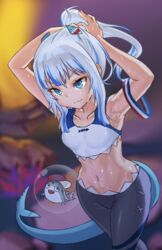 1boy 1girls 2021 bloop_(gawr_gura) blue_eyes blue_highlights female fit_female freeze-ex gawr_gura grey_skin hololive hololive_english hololive_myth leggings midriff open_mouth ponytail sharp_teeth short_hair solo solo_female sports_bra sweat virtual_youtuber white_hair white_skin yoga_pants